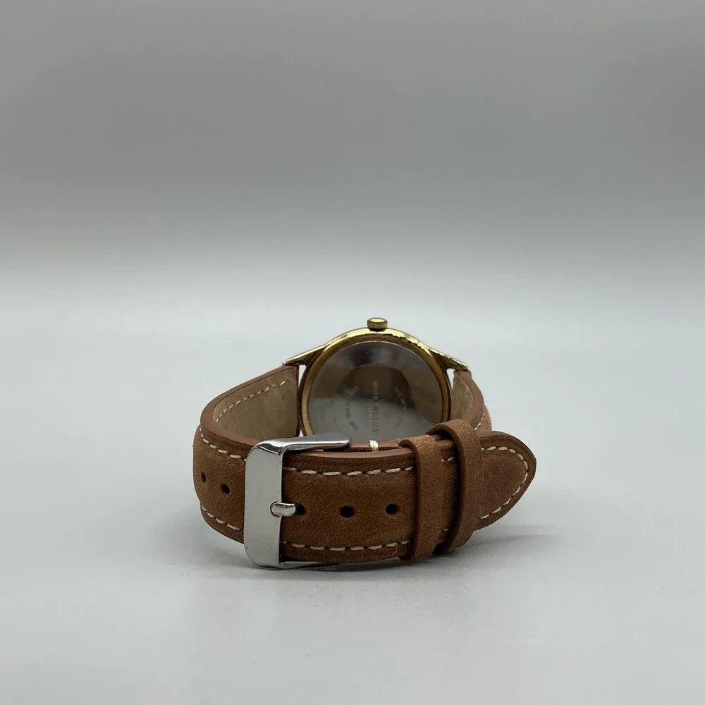 Vintage Timex Marlin Mens Watch 37mm Gold Tone Leather Date Manual Wind